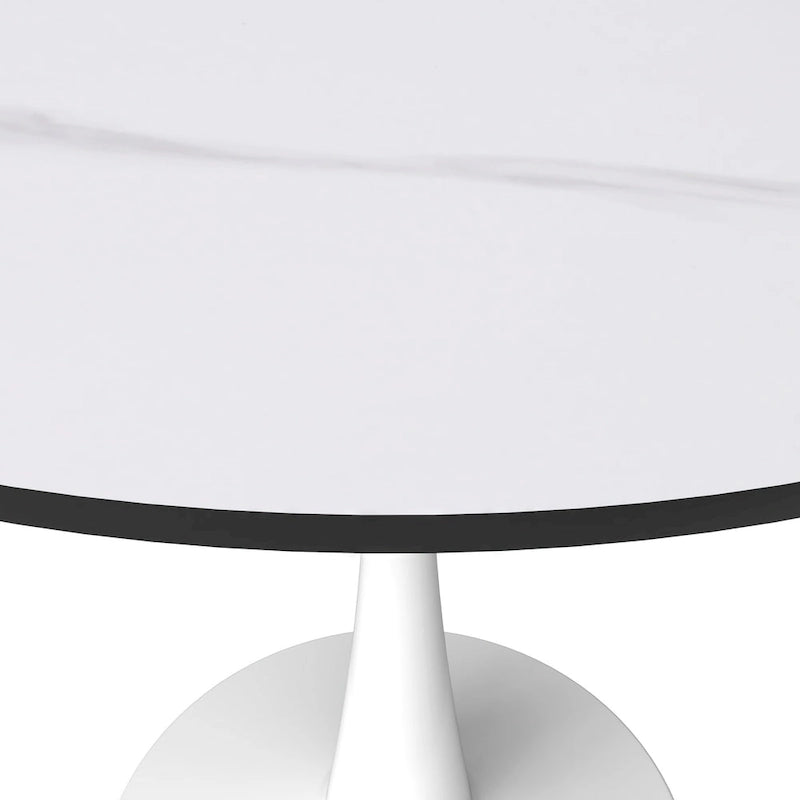 Table à manger ronde moderne de 31 po avec plateau en pierre frittée et piédestal en acier inoxydable blanc