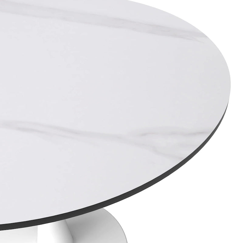 Table à manger ronde moderne de 31 po avec plateau en pierre frittée et piédestal en acier inoxydable blanc