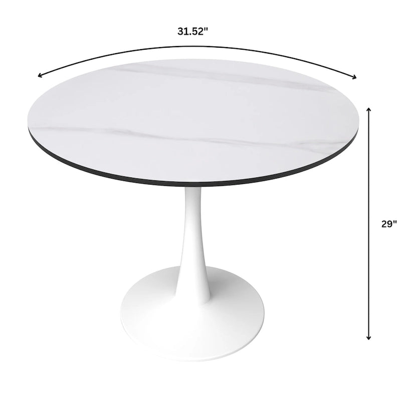 Table à manger ronde moderne de 31 po avec plateau en pierre frittée et piédestal en acier inoxydable blanc
