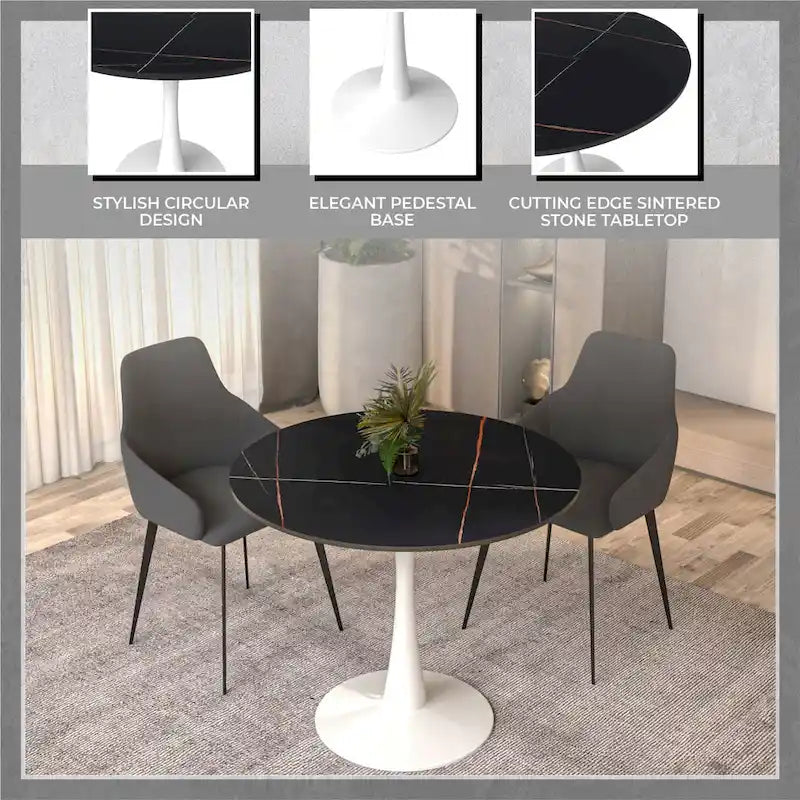 Table à manger ronde moderne de 31 po avec plateau en pierre frittée et piédestal en acier inoxydable blanc