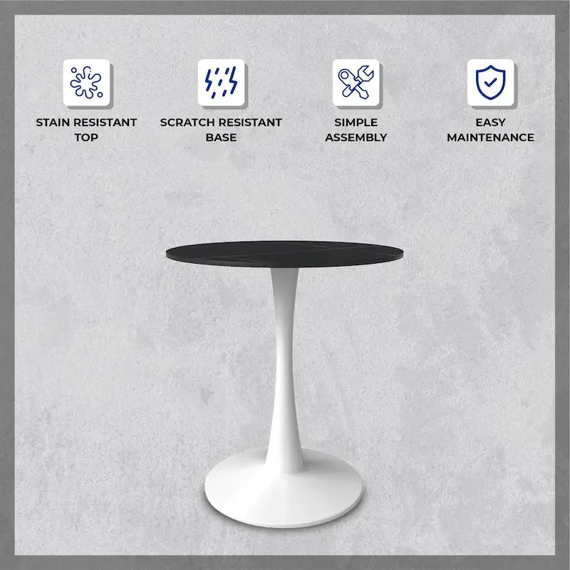 Table à manger ronde moderne de 31 po avec plateau en pierre frittée et piédestal en acier inoxydable blanc