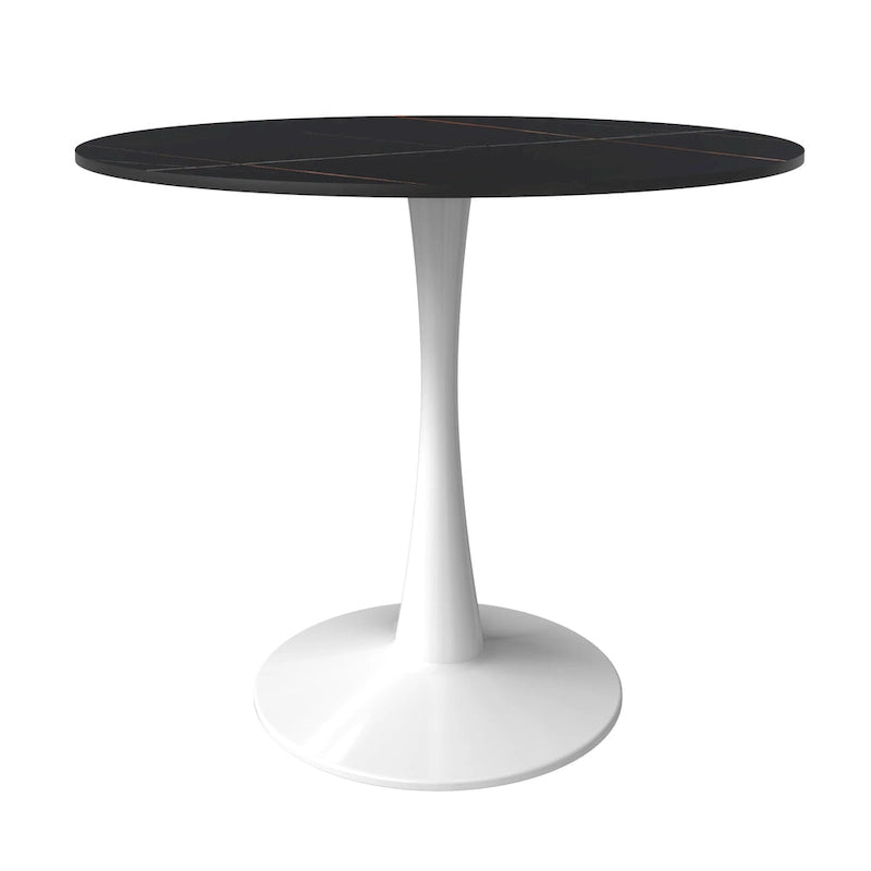 Table à manger ronde moderne de 31 po avec plateau en pierre frittée et piédestal en acier inoxydable blanc