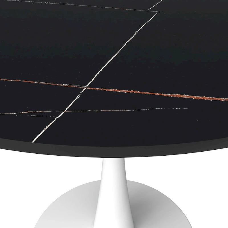 Table à manger ronde moderne de 31 po avec plateau en pierre frittée et piédestal en acier inoxydable blanc