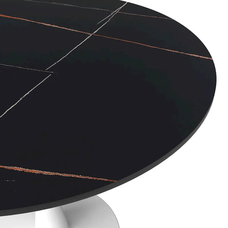 Table à manger ronde moderne de 31 po avec plateau en pierre frittée et piédestal en acier inoxydable blanc