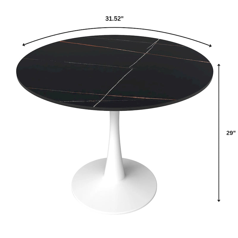 Table à manger ronde moderne de 31 po avec plateau en pierre frittée et piédestal en acier inoxydable blanc