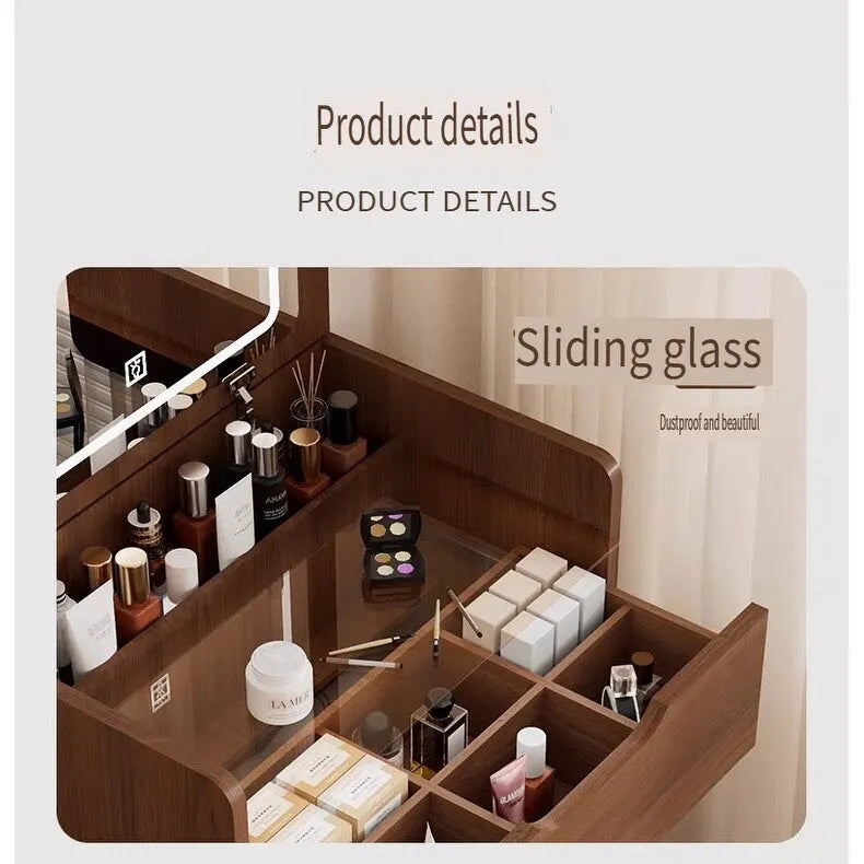 Coiffeuse 3-en-1 de 48cm - Miroir basculant, Plateau en verre et 3 tiroirs, Table de maquillage compacte pour chambre à coucher