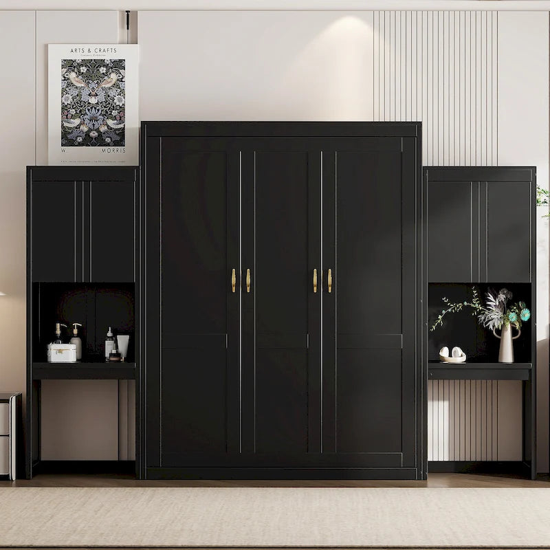 Lit escamotable tout-en-un avec bureau, coiffeuse et garde-robe, format Queen