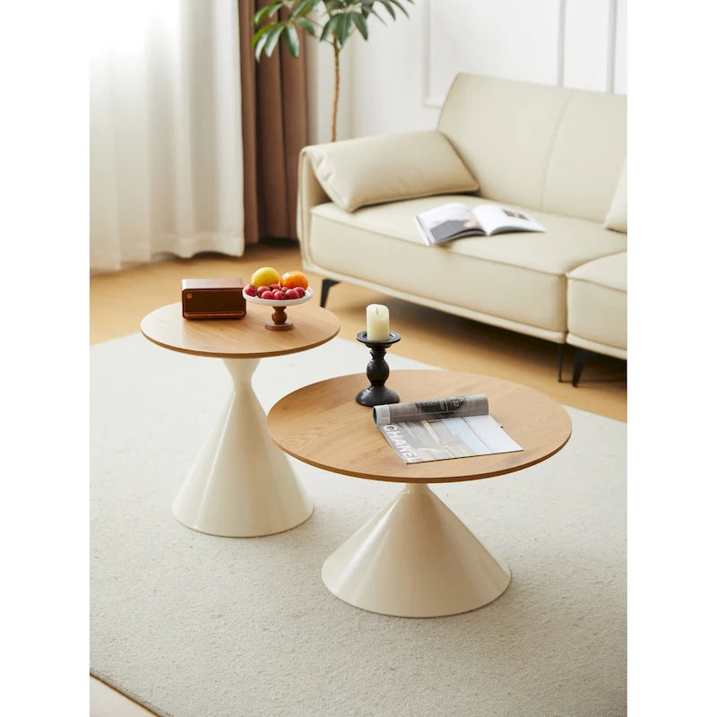 Table Basse Ronde Simple et Moderne avec Piètement Double Cône en Acier Carbone, pour Salon