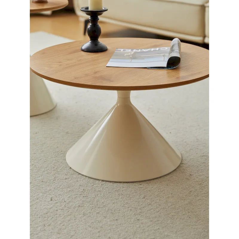 Table Basse Ronde Simple et Moderne avec Piètement Double Cône en Acier Carbone, pour Salon