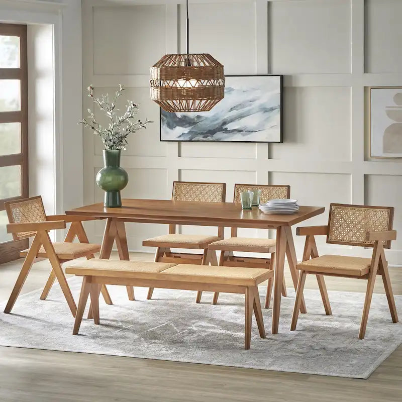 Banc de salle à manger en bois massif et rotin