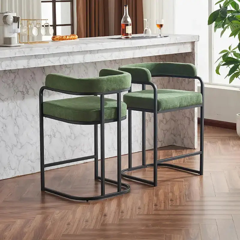Lot de 2 tabourets de bar rembourrés en tissu, tabourets de bar hauteur comptoir avec dossier courbé, chaise de salle à manger avec cadre et accoudoirs en métal