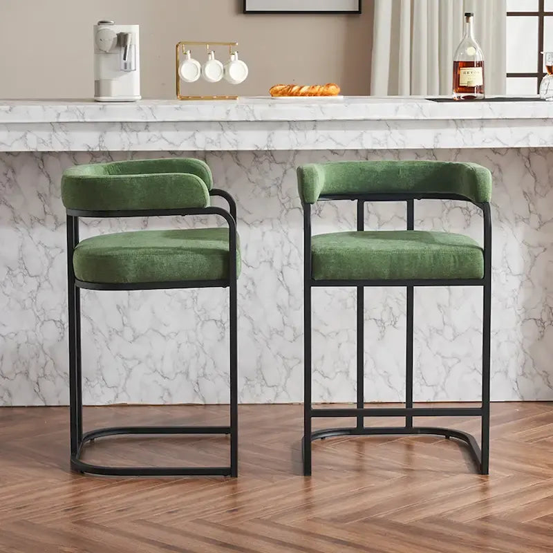 Lot de 2 tabourets de bar rembourrés en tissu, tabourets de bar hauteur comptoir avec dossier courbé, chaise de salle à manger avec cadre et accoudoirs en métal