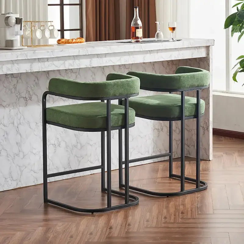 Lot de 2 tabourets de bar rembourrés en tissu, tabourets de bar hauteur comptoir avec dossier courbé, chaise de salle à manger avec cadre et accoudoirs en métal