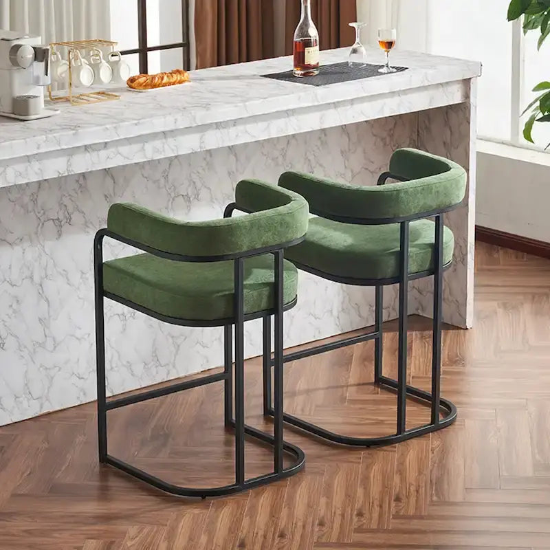 Lot de 2 tabourets de bar rembourrés en tissu, tabourets de bar hauteur comptoir avec dossier courbé, chaise de salle à manger avec cadre et accoudoirs en métal