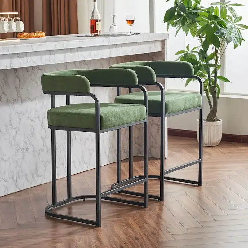 Lot de 2 tabourets de bar rembourrés en tissu, tabourets de bar hauteur comptoir avec dossier courbé, chaise de salle à manger avec cadre et accoudoirs en métal