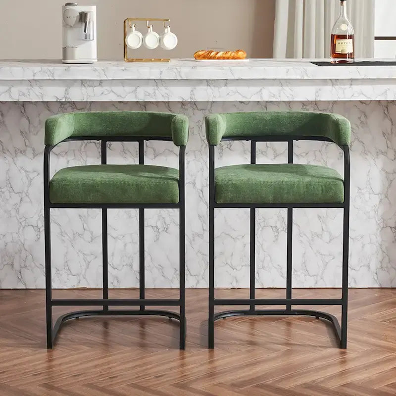 Lot de 2 tabourets de bar rembourrés en tissu, tabourets de bar hauteur comptoir avec dossier courbé, chaise de salle à manger avec cadre et accoudoirs en métal