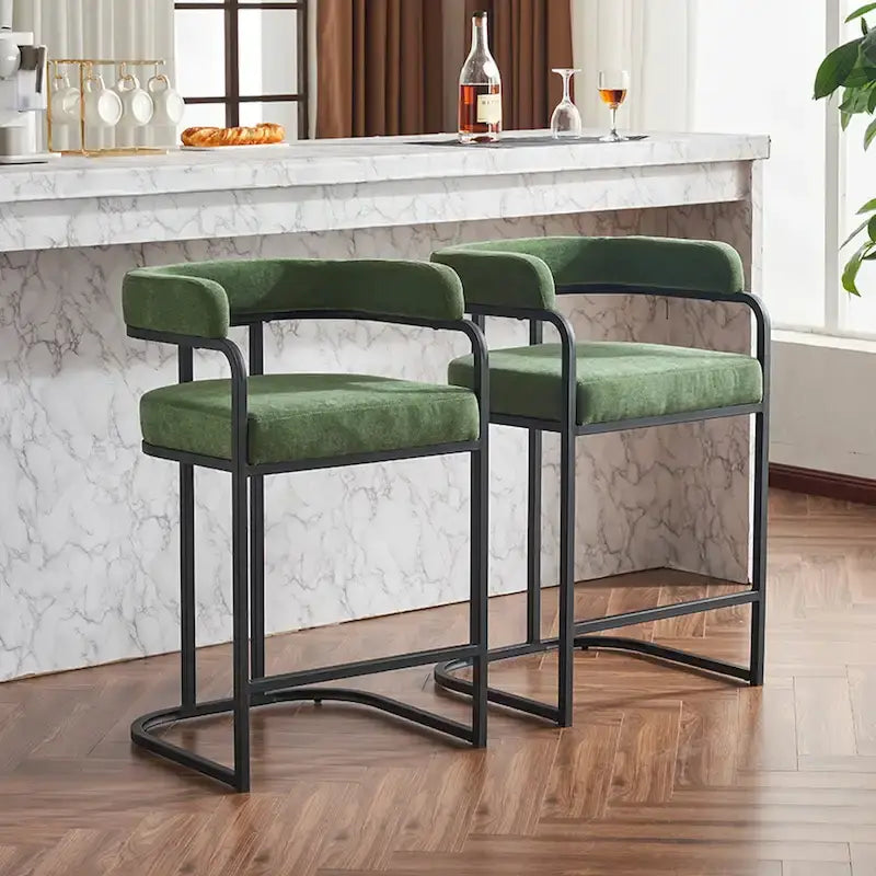 Lot de 2 tabourets de bar rembourrés en tissu, tabourets de bar hauteur comptoir avec dossier courbé, chaise de salle à manger avec cadre et accoudoirs en métal