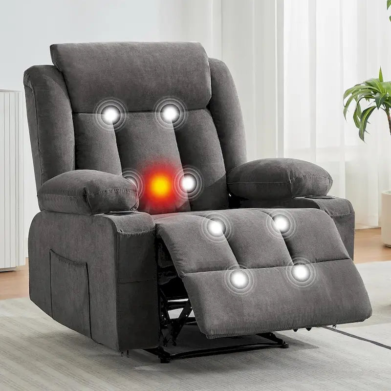 Fauteuil inclinable manuel surdimensionné avec massage par vibrations et fonction chauffante, canapé classique surpiqué à assise profonde