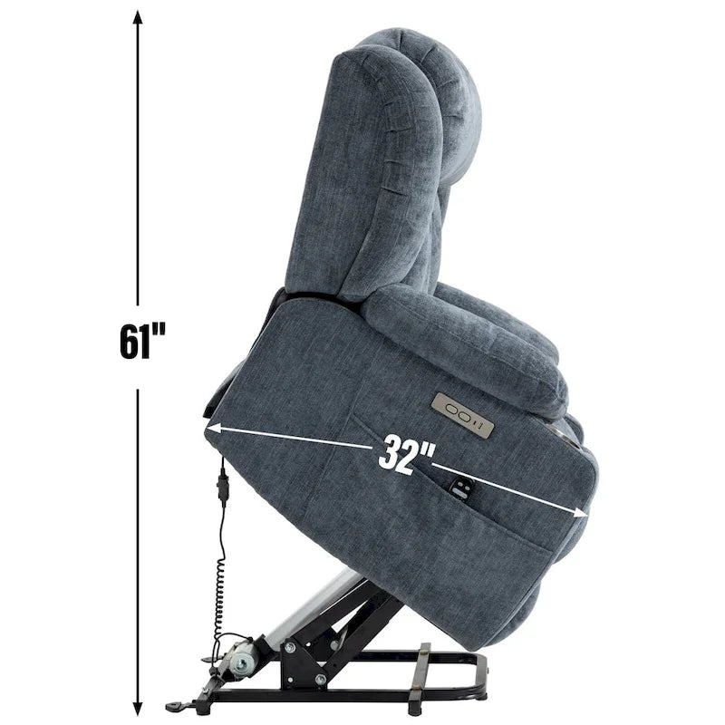 Fauteuil inclinable releveur électrique en chenille bleue avec massage vibrant à 8 points, chauffage lombaire, ports USB et Type-C, porte-gobelets