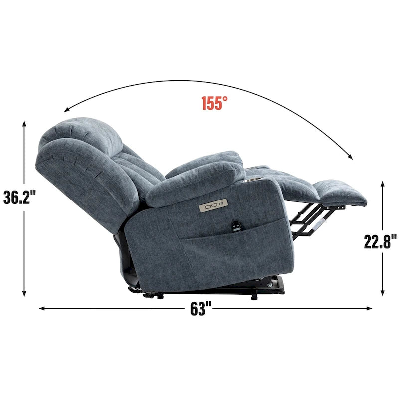 Fauteuil inclinable releveur électrique en chenille bleue avec massage vibrant à 8 points, chauffage lombaire, ports USB et Type-C, porte-gobelets