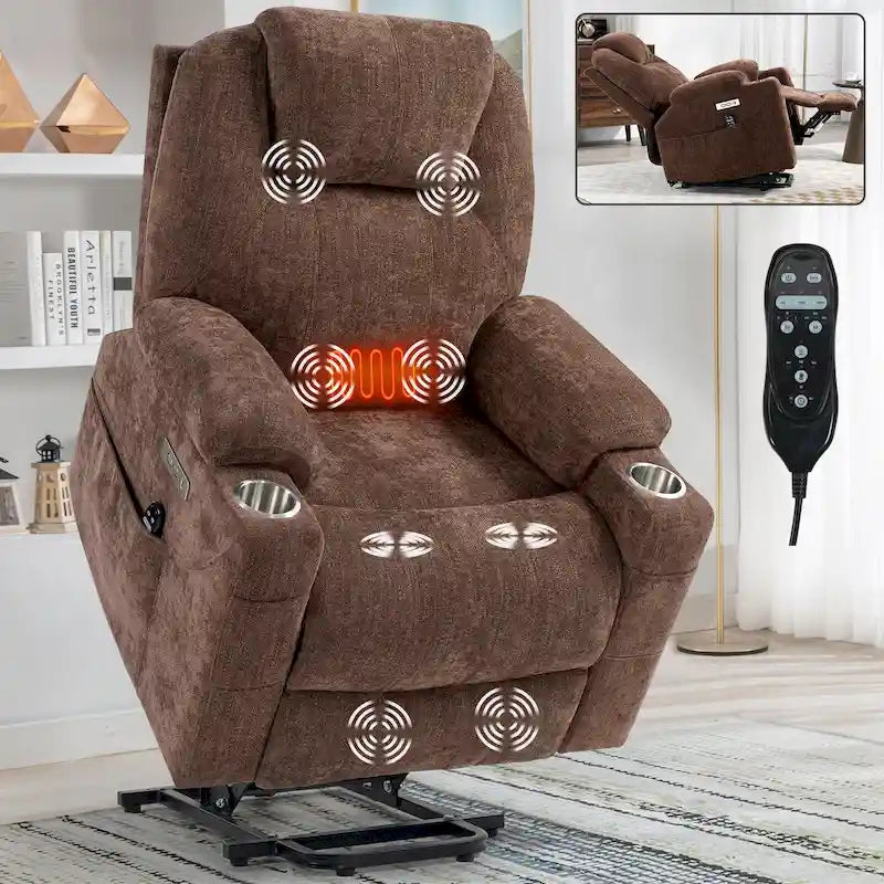 Fauteuil inclinable électrique bleu avec massage 8 points, soutien lombaire chauffant, deux ports USB et porte-gobelets en acier inoxydable