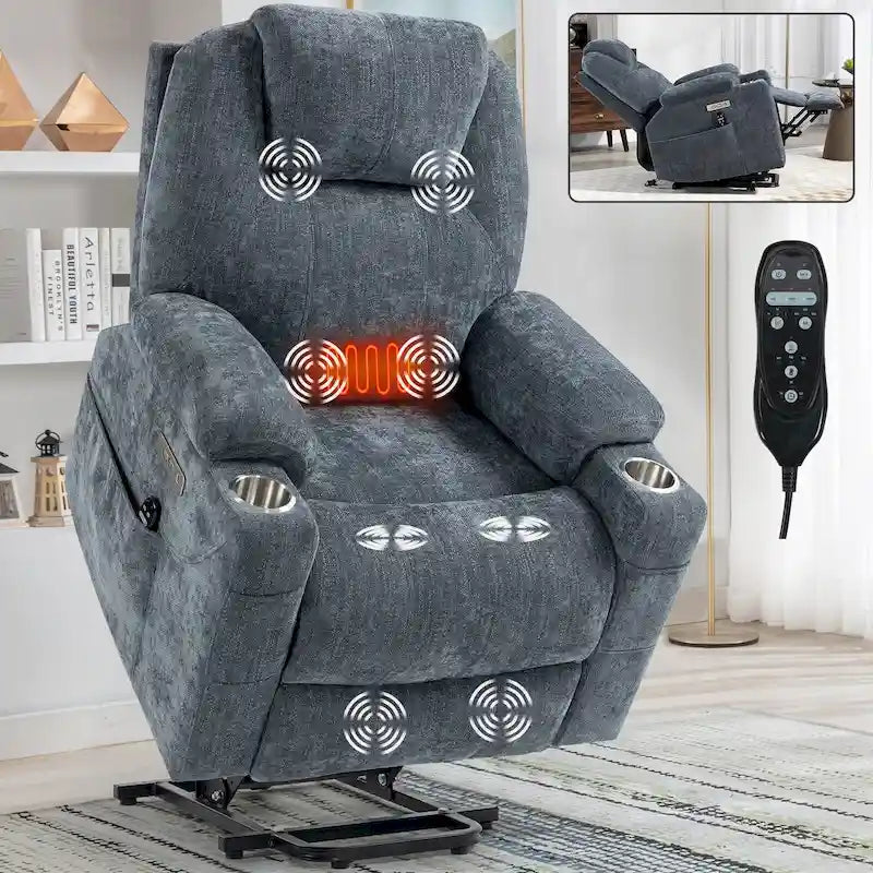 Fauteuil inclinable électrique bleu avec massage 8 points, soutien lombaire chauffant, deux ports USB et porte-gobelets en acier inoxydable