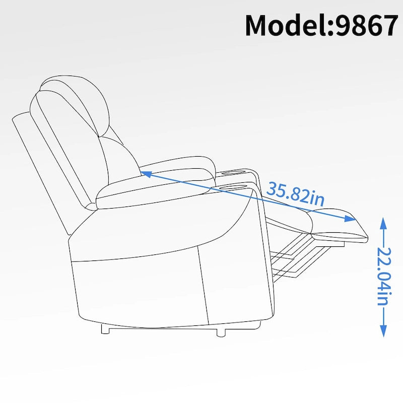 Fauteuil inclinable électrique bleu avec massage 8 points, soutien lombaire chauffant, deux ports USB et porte-gobelets en acier inoxydable
