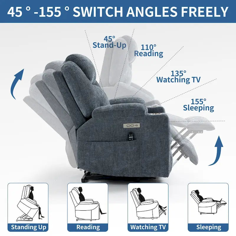 Fauteuil inclinable électrique bleu avec massage 8 points, soutien lombaire chauffant, deux ports USB et porte-gobelets en acier inoxydable