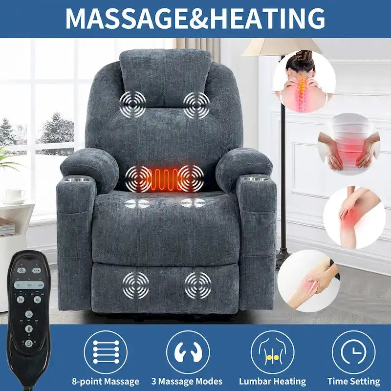 Fauteuil inclinable électrique bleu avec massage 8 points, soutien lombaire chauffant, deux ports USB et porte-gobelets en acier inoxydable
