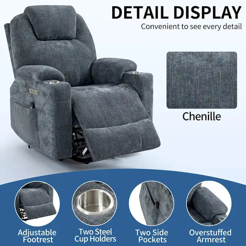 Fauteuil inclinable électrique bleu avec massage 8 points, soutien lombaire chauffant, deux ports USB et porte-gobelets en acier inoxydable