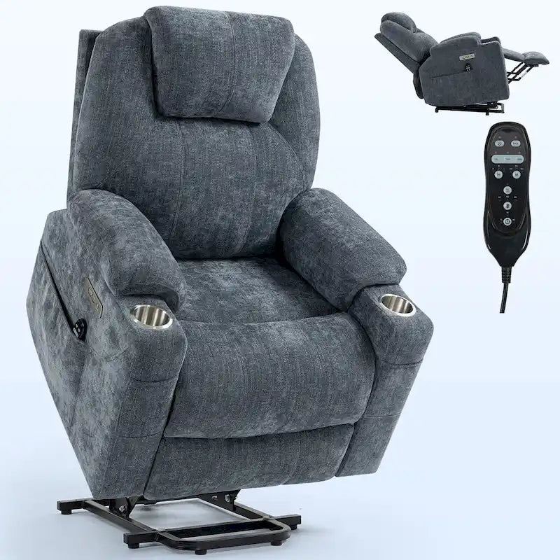 Fauteuil inclinable électrique bleu avec massage 8 points, soutien lombaire chauffant, deux ports USB et porte-gobelets en acier inoxydable