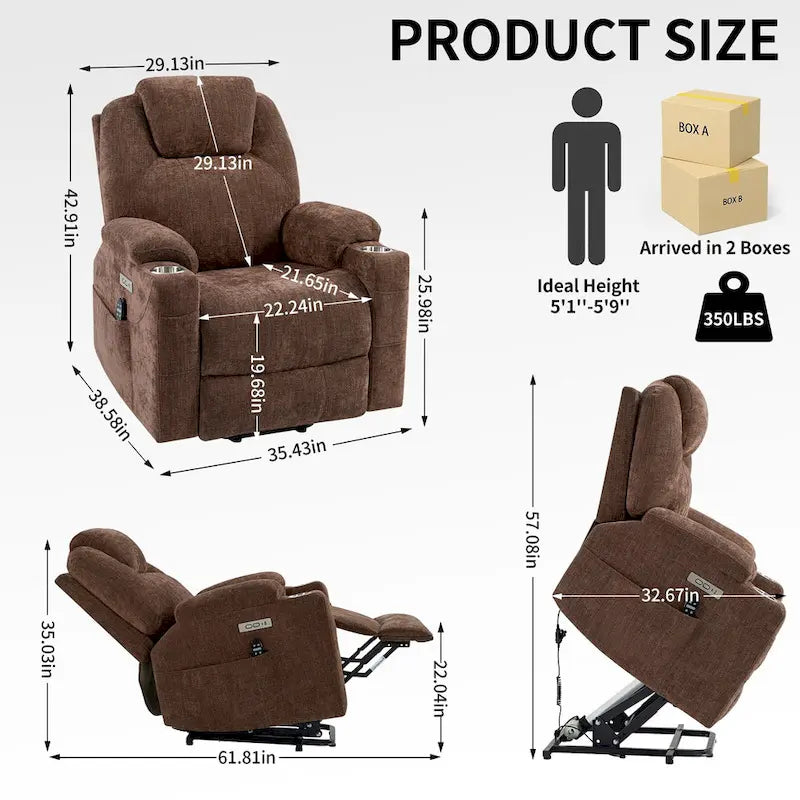 Fauteuil inclinable électrique bleu avec massage 8 points, soutien lombaire chauffant, deux ports USB et porte-gobelets en acier inoxydable
