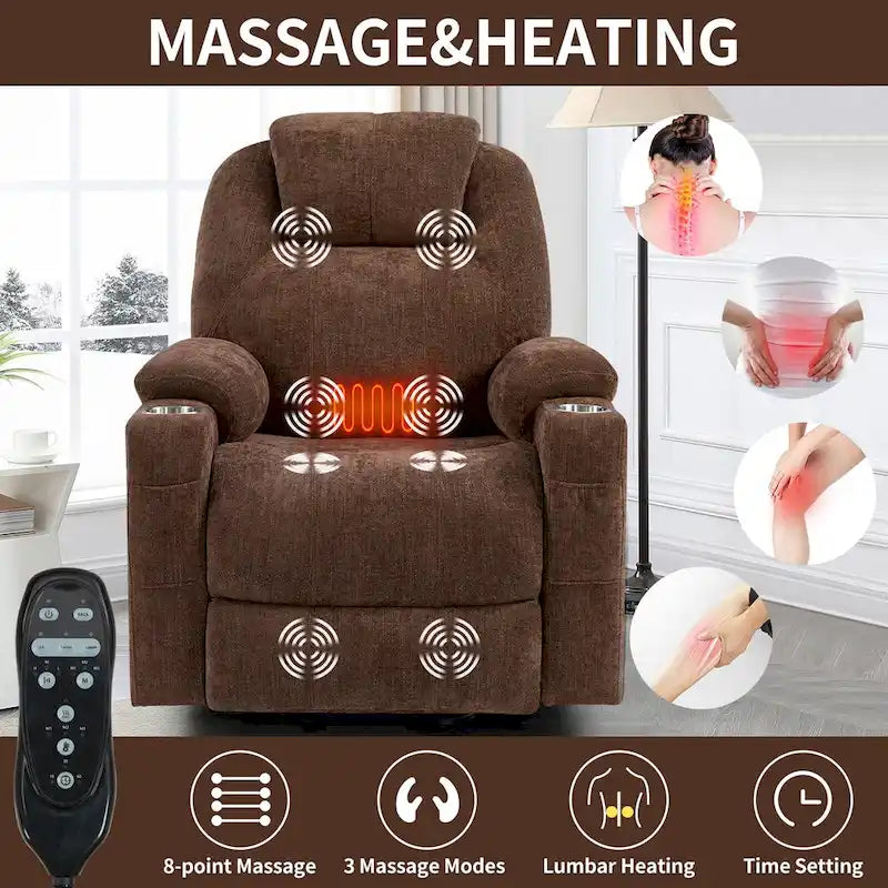 Fauteuil inclinable électrique bleu avec massage 8 points, soutien lombaire chauffant, deux ports USB et porte-gobelets en acier inoxydable
