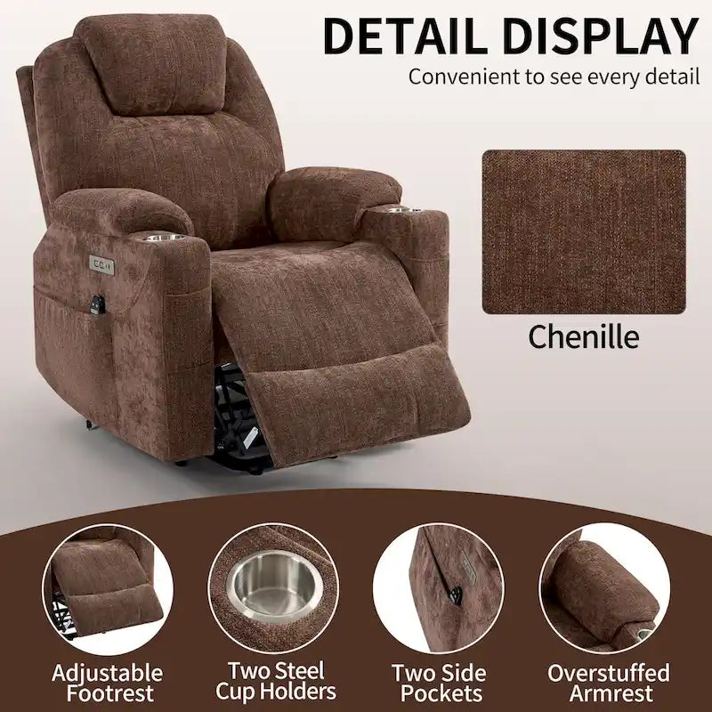 Fauteuil inclinable électrique bleu avec massage 8 points, soutien lombaire chauffant, deux ports USB et porte-gobelets en acier inoxydable