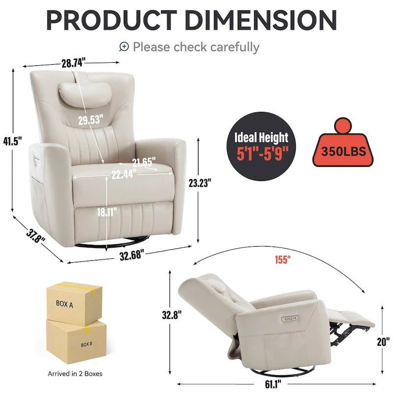 Fauteuil inclinable, pivotant et à bascule électrique avec soutien lombaire et cervical, ports de chargement USB et USB-C