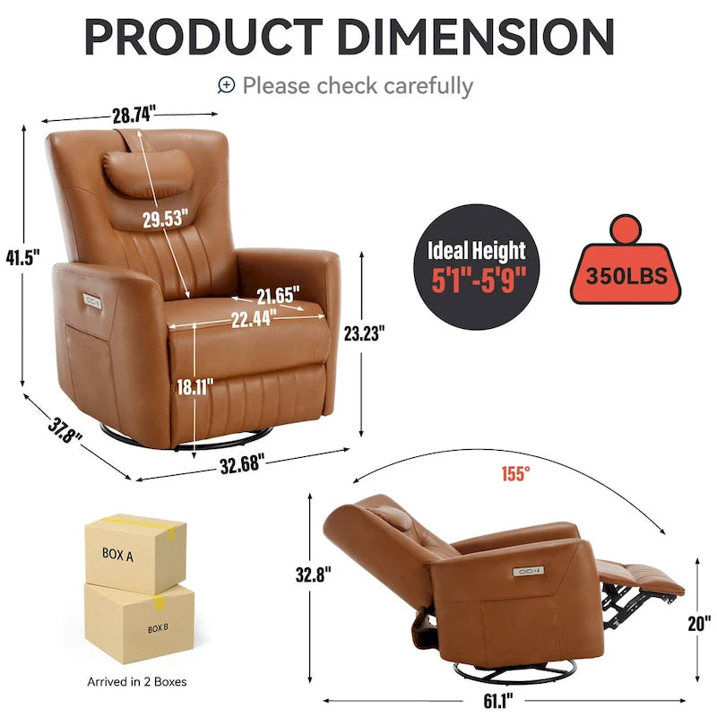 Fauteuil inclinable, pivotant et à bascule électrique avec soutien lombaire et cervical, ports de chargement USB et USB-C