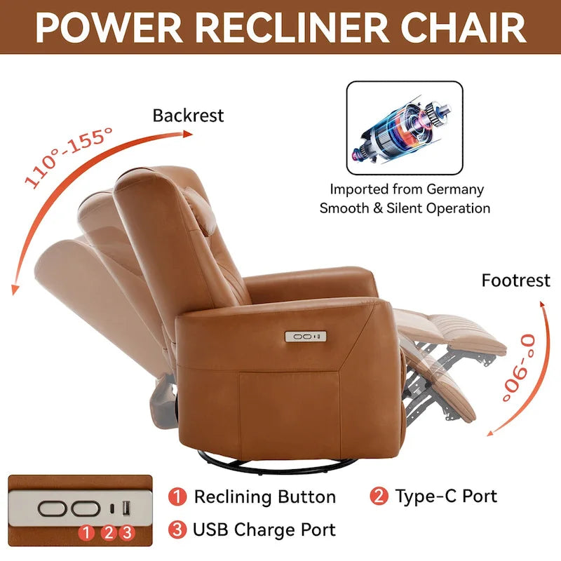 Fauteuil inclinable, pivotant et à bascule électrique avec soutien lombaire et cervical, ports de chargement USB et USB-C