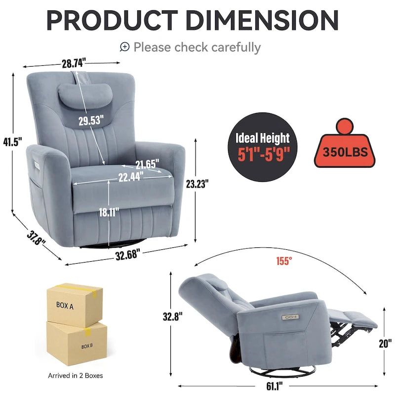 Fauteuil inclinable, pivotant et à bascule électrique avec soutien lombaire et cervical, ports de chargement USB et USB-C