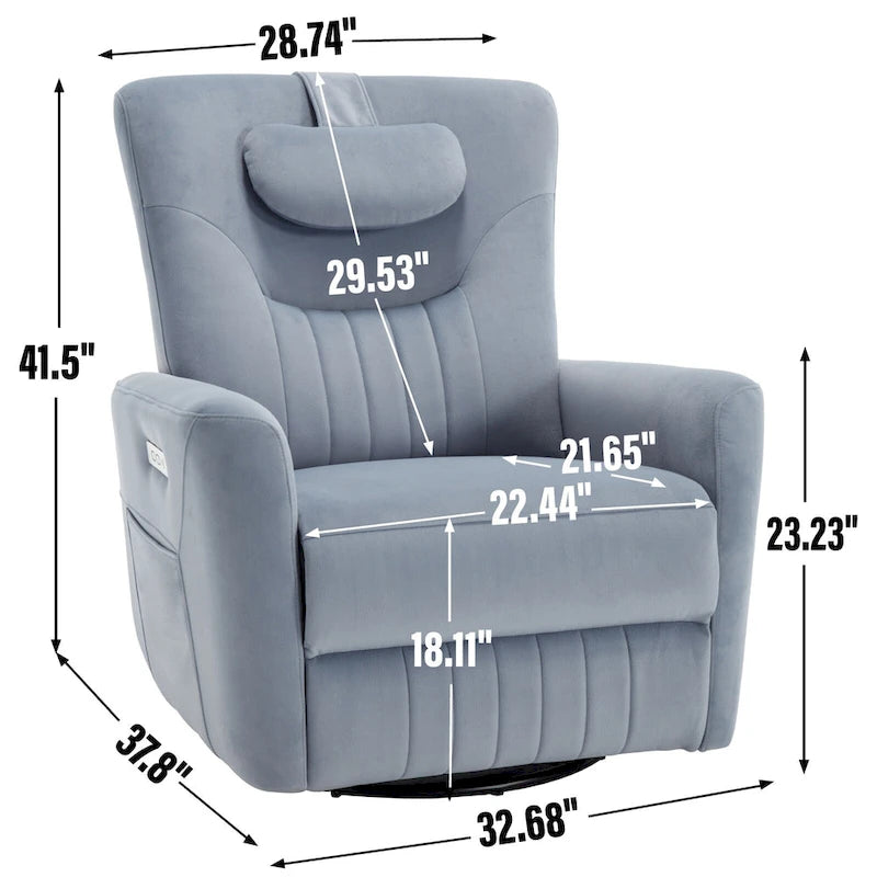 Fauteuil inclinable, pivotant et à bascule électrique avec soutien lombaire et cervical, ports de chargement USB et USB-C