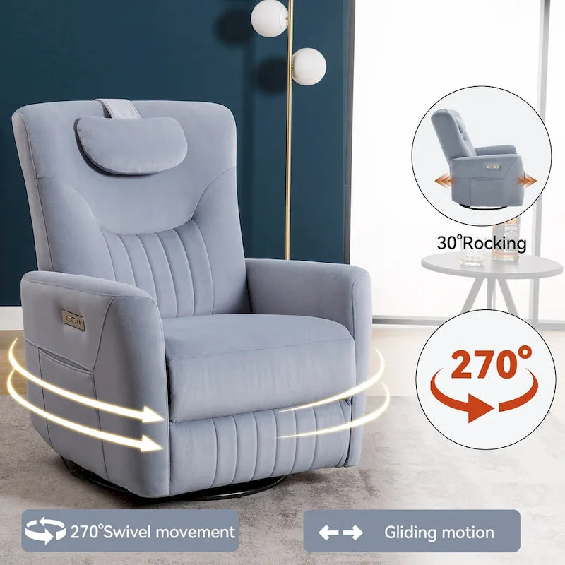 Fauteuil inclinable, pivotant et à bascule électrique avec soutien lombaire et cervical, ports de chargement USB et USB-C