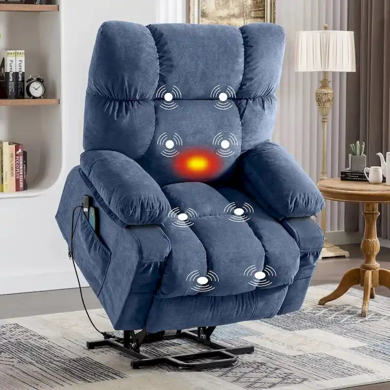 Fauteuil inclinable électrique bleu avec chauffage, massage, options d'inclinaison infinies, ports USB et poches latérales