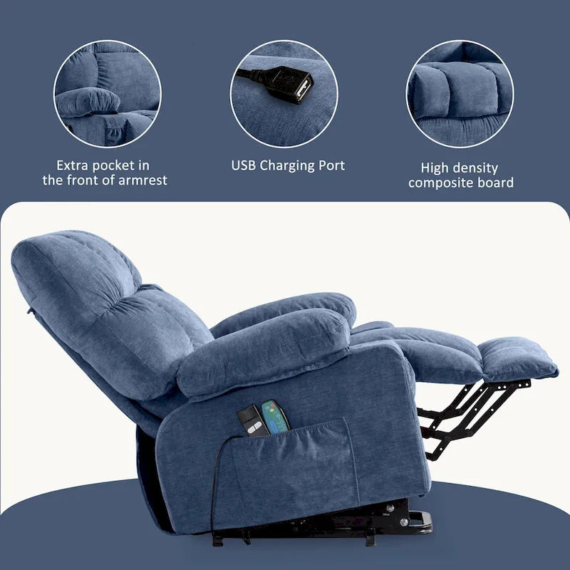 Fauteuil inclinable électrique bleu avec chauffage, massage, options d'inclinaison infinies, ports USB et poches latérales