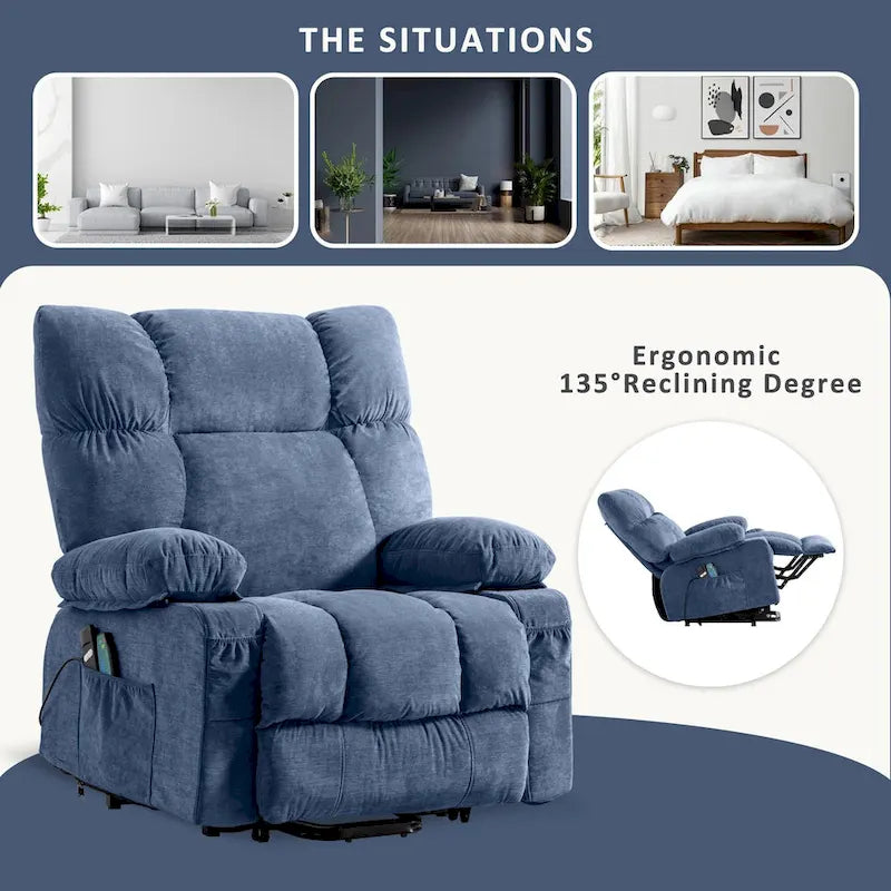 Fauteuil inclinable électrique bleu avec chauffage, massage, options d'inclinaison infinies, ports USB et poches latérales