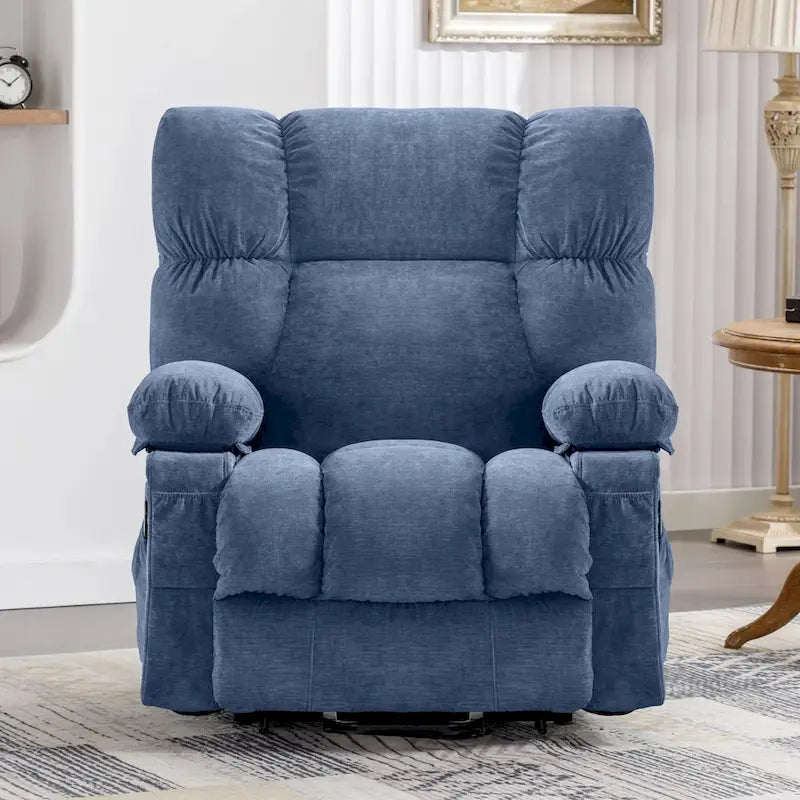 Fauteuil inclinable électrique bleu avec chauffage, massage, options d'inclinaison infinies, ports USB et poches latérales