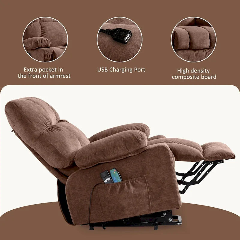 Fauteuil inclinable électrique bleu avec chauffage, massage, options d'inclinaison infinies, ports USB et poches latérales