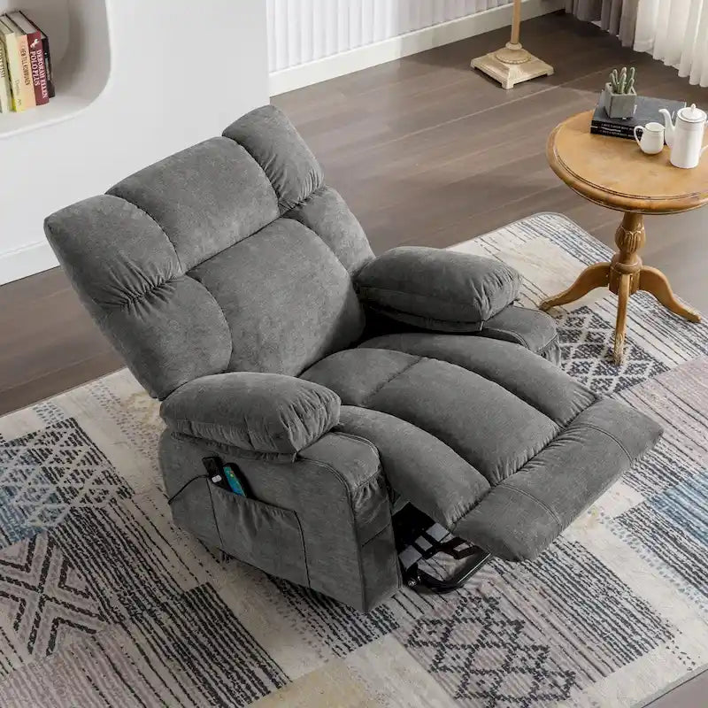 Fauteuil inclinable électrique bleu avec chauffage, massage, options d'inclinaison infinies, ports USB et poches latérales