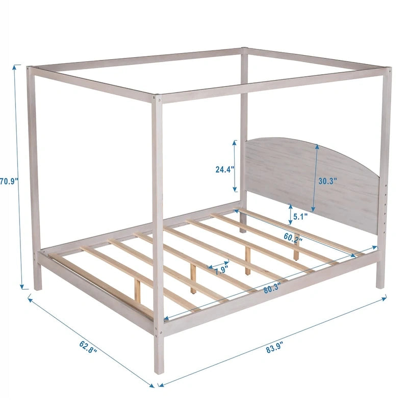 Lit plateforme à baldaquin en pin avec tête de lit, pieds de support, finition délavée