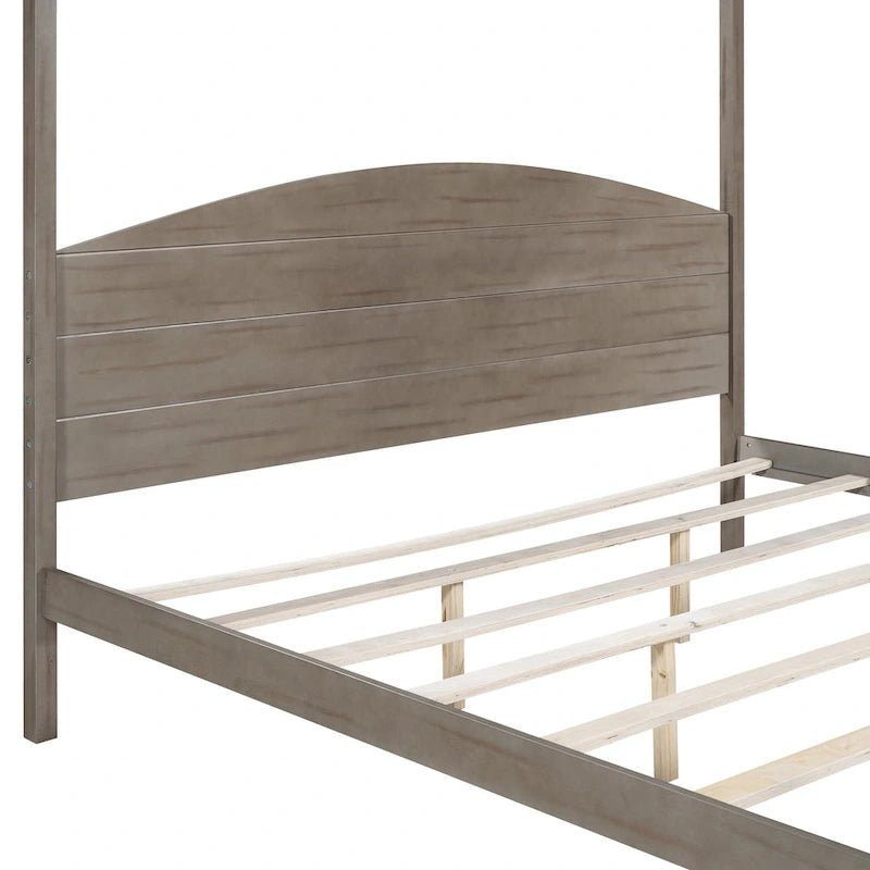 Lit plateforme à baldaquin en pin avec tête de lit, pieds de support, finition délavée