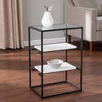  Piesby Glass-Top End Table with Marble Shelving, Black/White