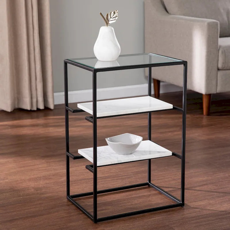  Piesby Glass-Top End Table with Marble Shelving, Black/White